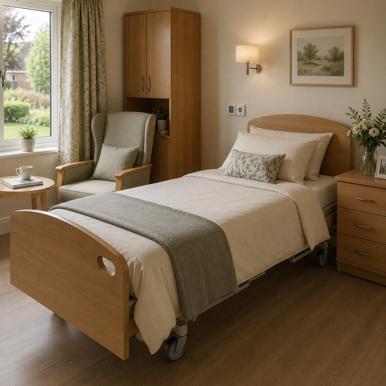 Neatly made care-home profiling bed with a domestic, homely feel