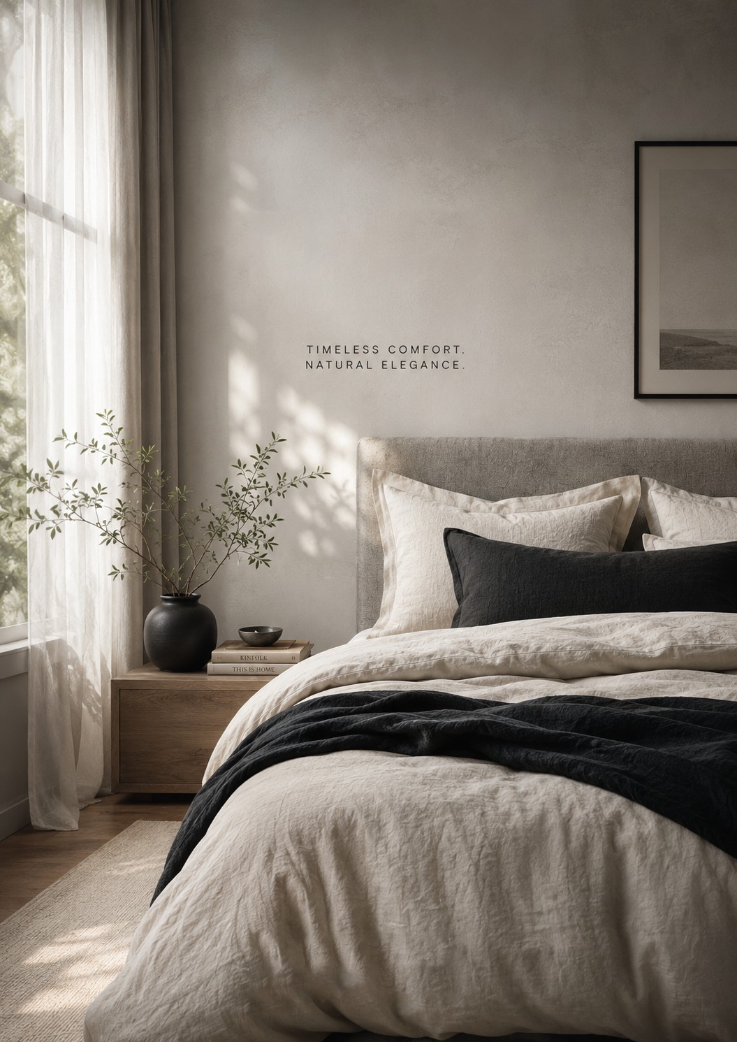 A serene bedroom styled with layered natural-linen bedding