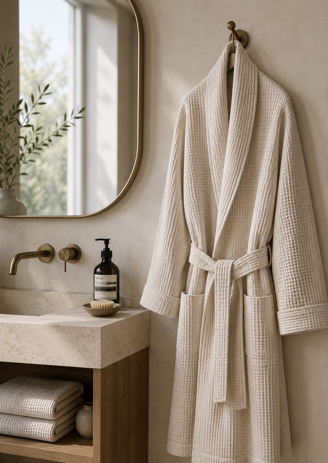 Waffle-weave robe hanging beside folded towels
