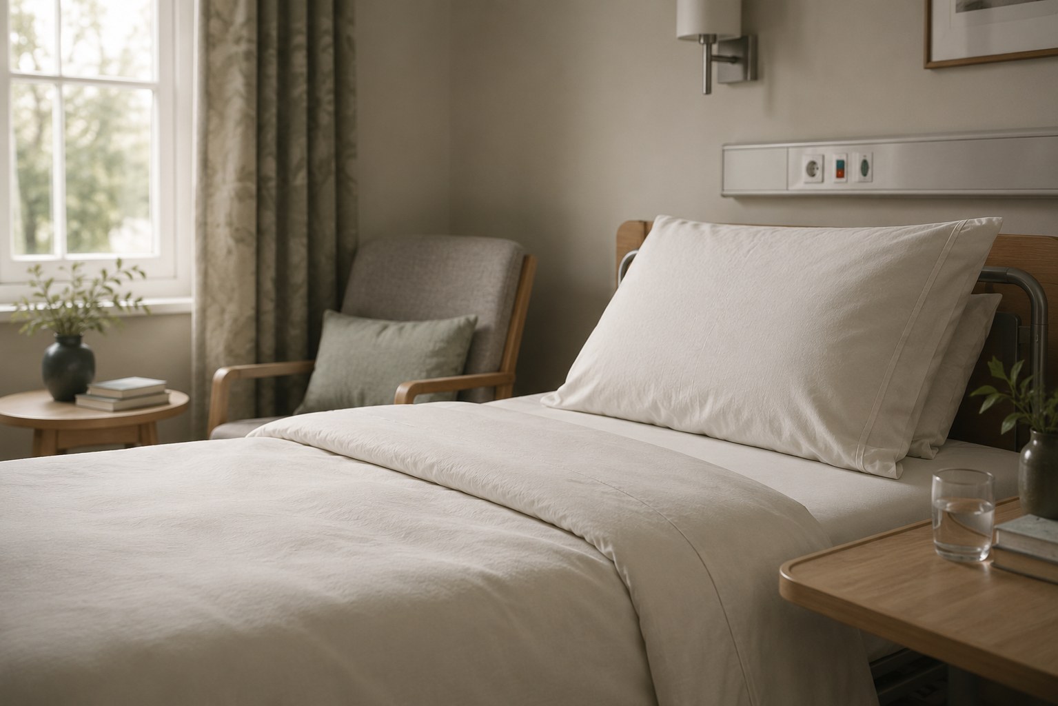 Calm, home-like care bedroom with a made bed