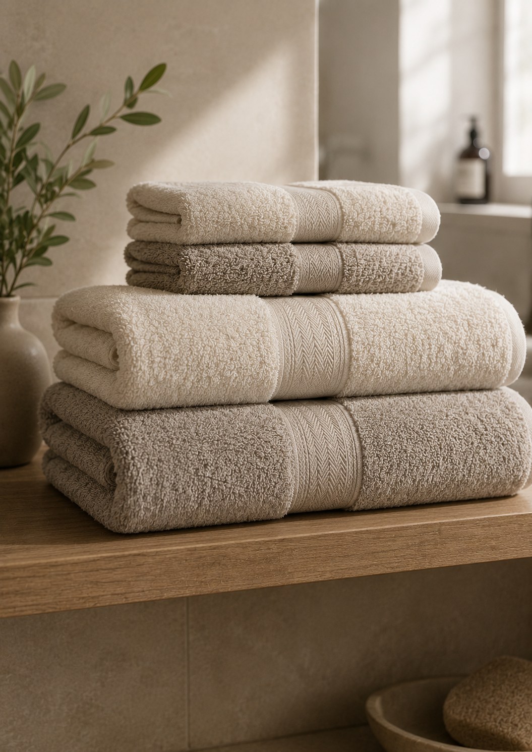 Stacks of neatly folded white towels on wooden shelving