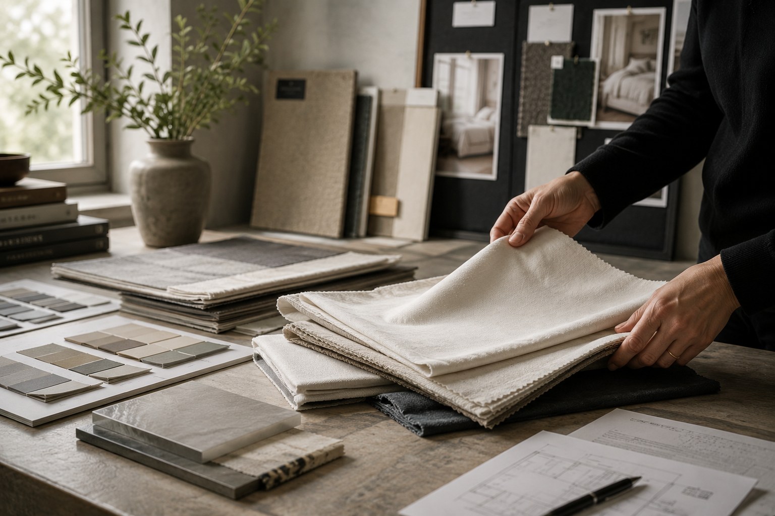 Interior designer reviewing fabric swatches against a mood board