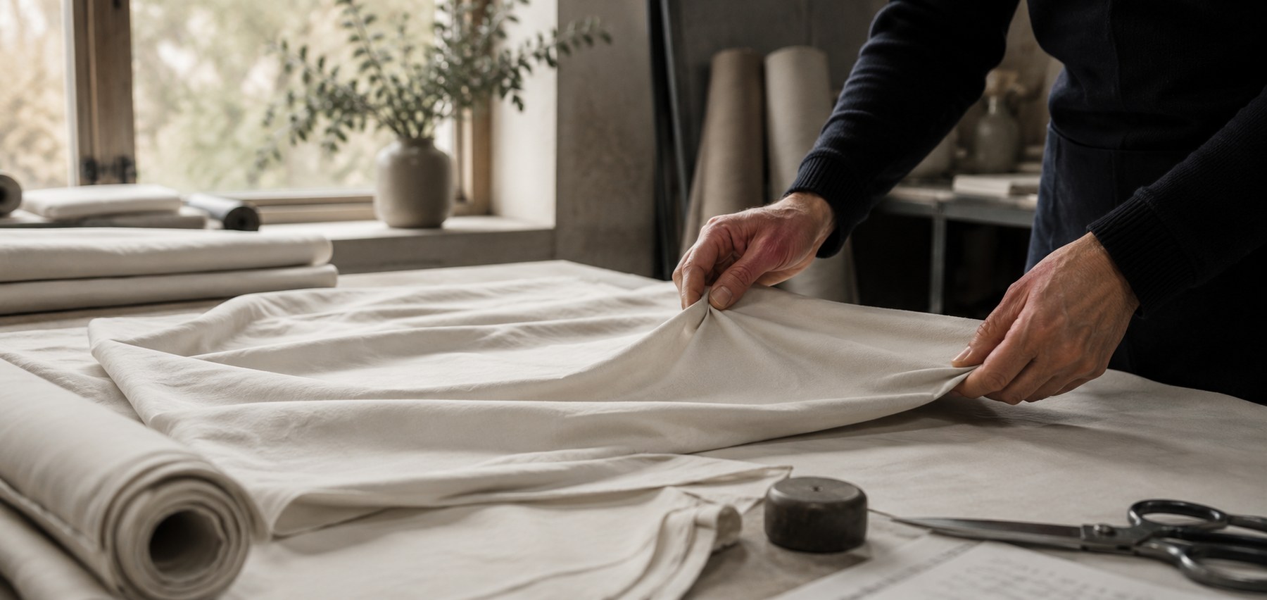 Hands folding fabric on a cutting table in the workshop